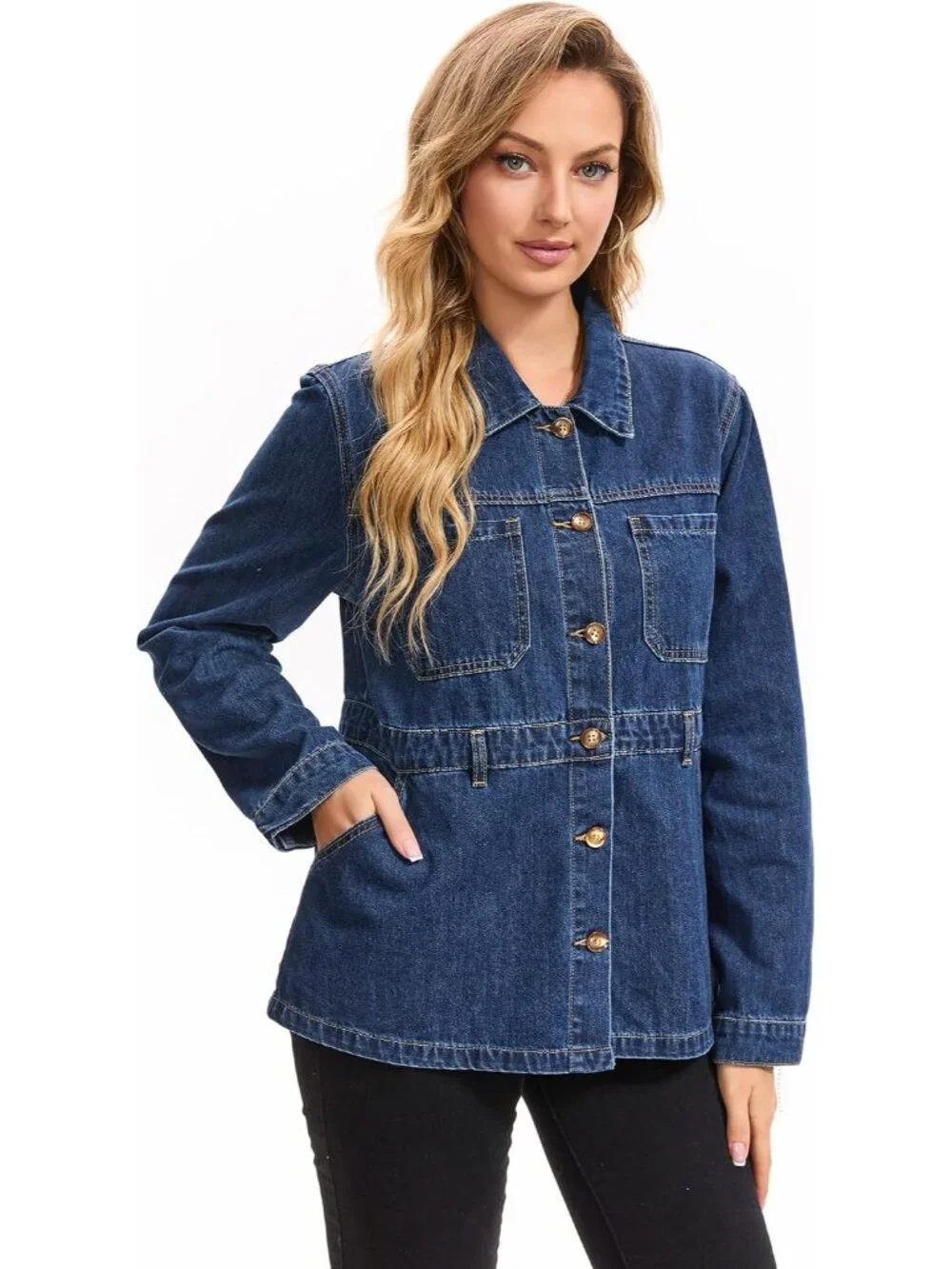 Women's Dark Blue Jacket Long Sleeve Causal Distressed Denim Button Down Jackets